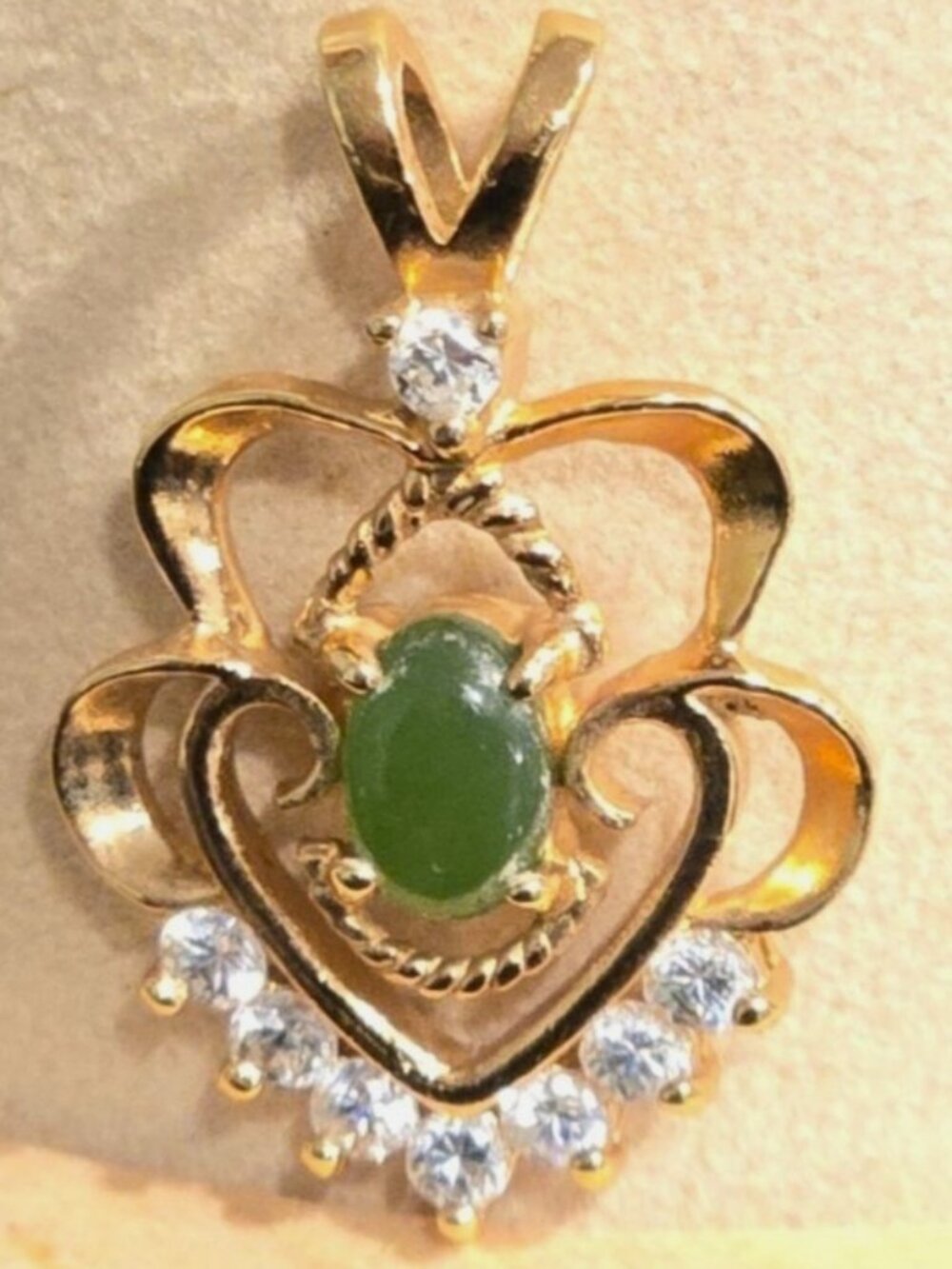 Vintage  Gold Plated Jade Pendant With Rhinestones & Heart Design Joseph Cleary
